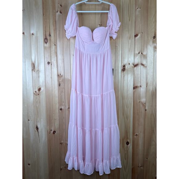 NWT Lulus Exceptionally Gorgeous Blush Chiffon Off-the-Shoulder Maxi Dress Sz XL - Picture 2 of 8